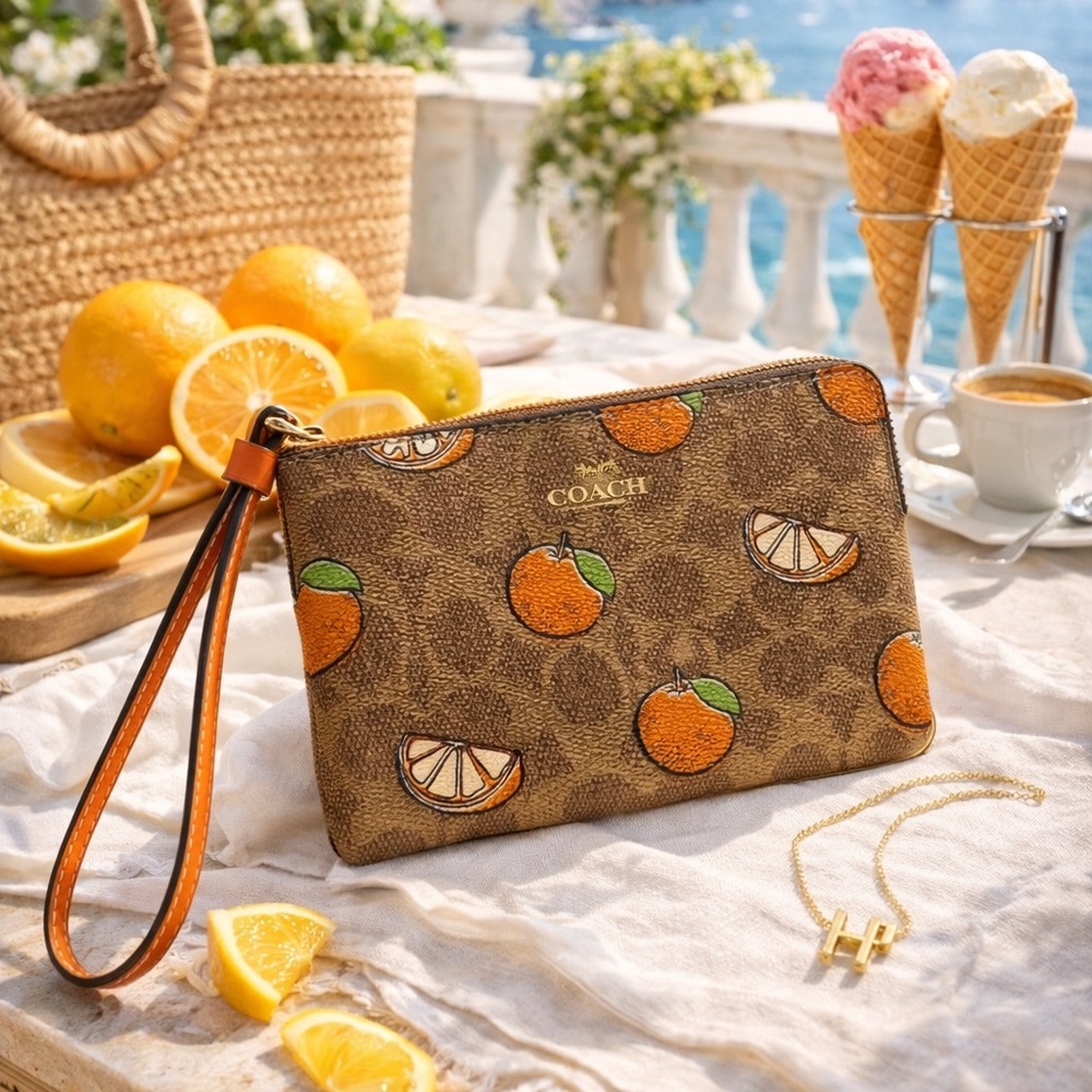 Coach Signature Canvas Citrus Print Wristlet | NWT | Orange Trim | Summer Resort